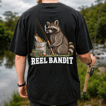 Reel Bandit Smoking Raccoon with Fishing Rod Funny T-Shirt | Back Print