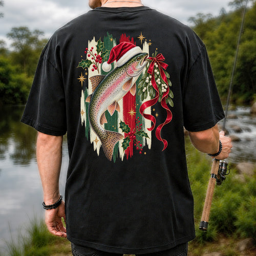 Christmas Santa Hat Rainbow Trout Fishing Graphic T-Shirt | Back Print