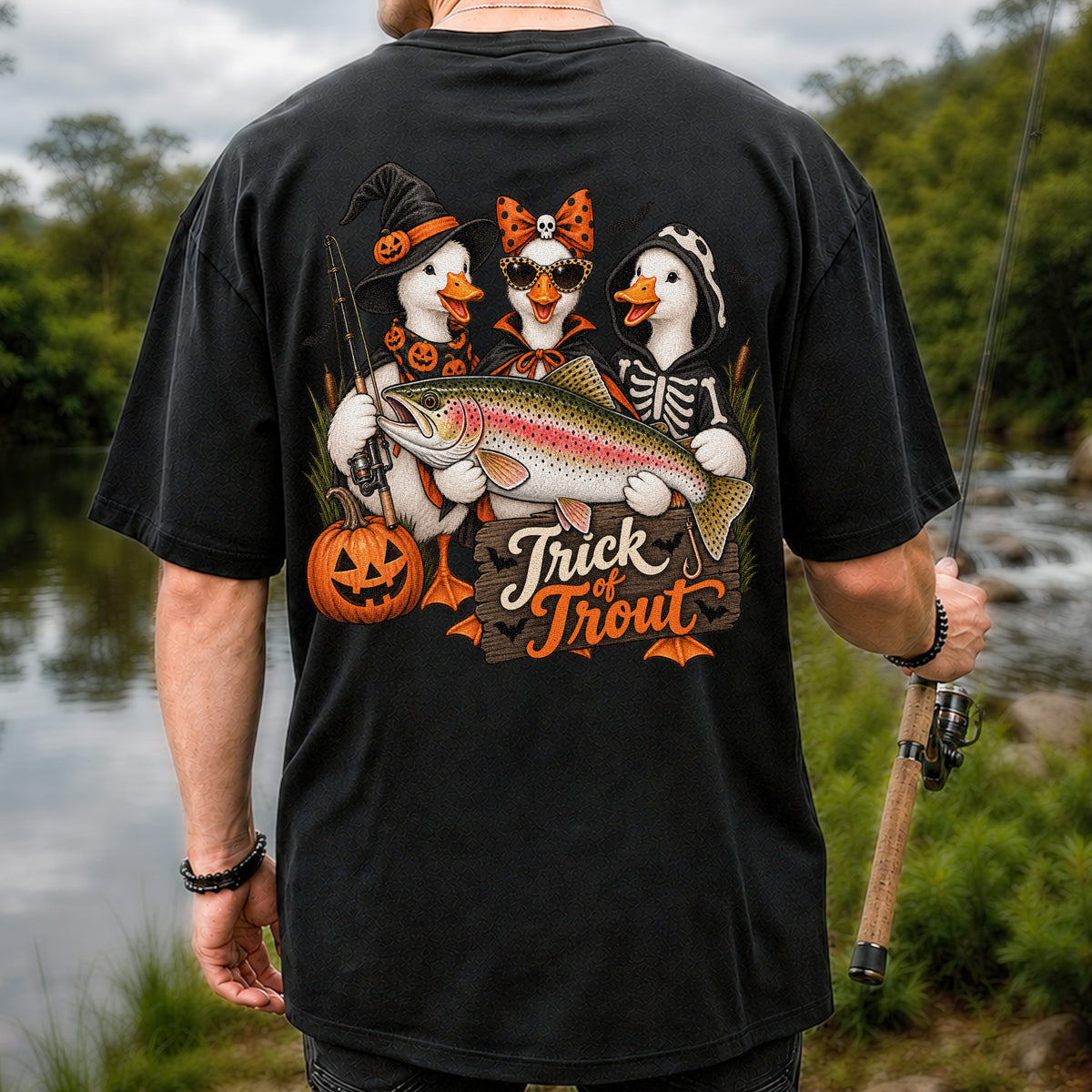 Trick of Trout Halloween Ducks with Rainbow Trout Fishing T-Shirt | Back Print