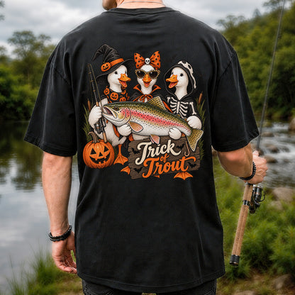 Trick of Trout Halloween Ducks with Rainbow Trout Fishing T-Shirt | Back Print