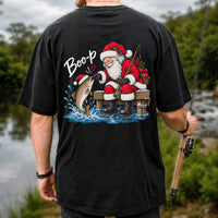 Santa Fishing for Rainbow Trout Christmas Graphic T-Shirt | Back Print