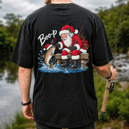 Santa Fishing for Rainbow Trout Christmas Graphic T-Shirt | Back Print