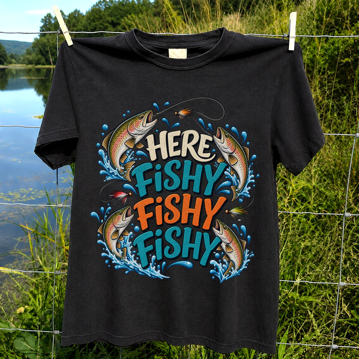 Here Fishy Fishy Fishy Rainbow Trout Funny Fly Fishing T-Shirt