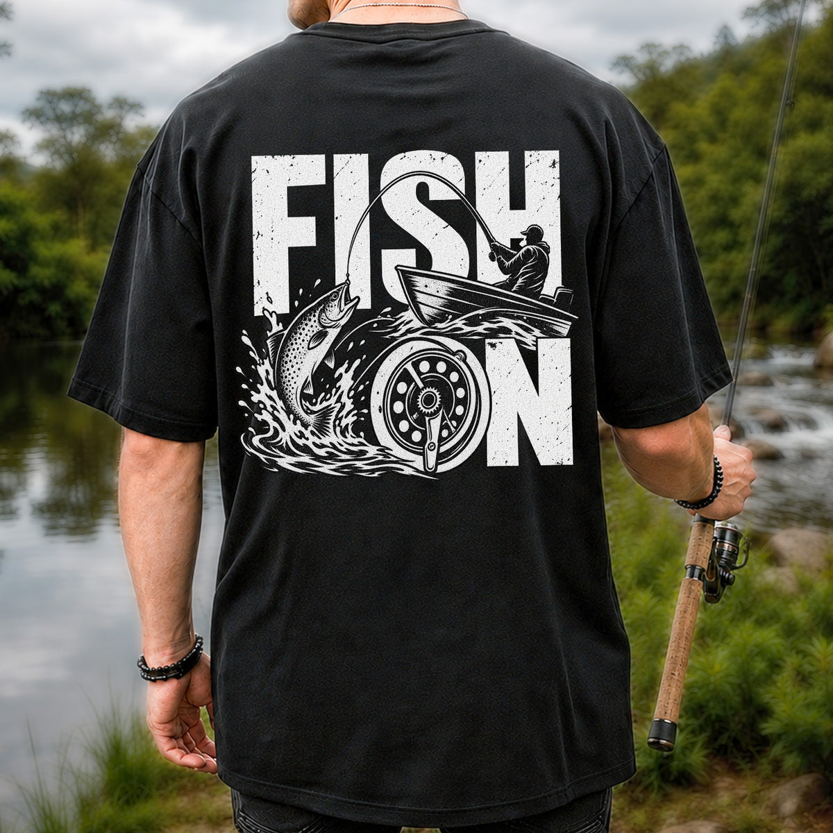 Fish On Jumping Trout and Fishing Boat Graphic T-Shirt | Back Print