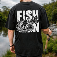 Fish On Jumping Trout and Fishing Boat Graphic T-Shirt | Back Print