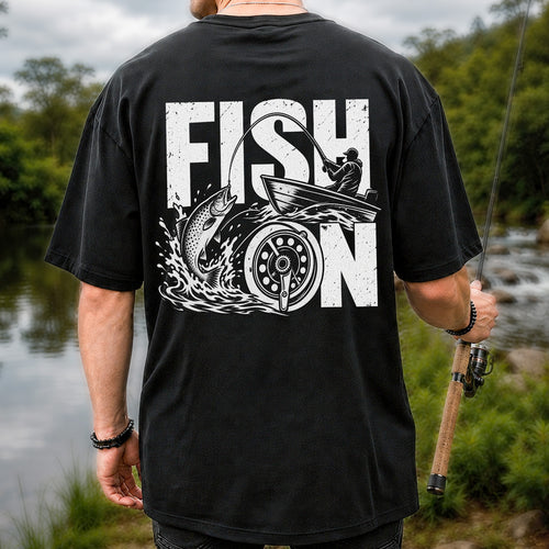 Fish On Jumping Trout and Fishing Boat Graphic T-Shirt | Back Print