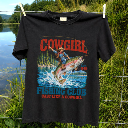 Cowgirl Riding Rainbow Trout Fishing Club T-Shirt