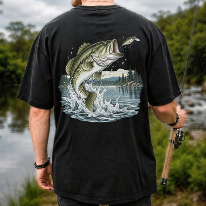 Jumping Largemouth Bass Chasing a Lure Lake Fishing Graphic T-Shirt | Back Print