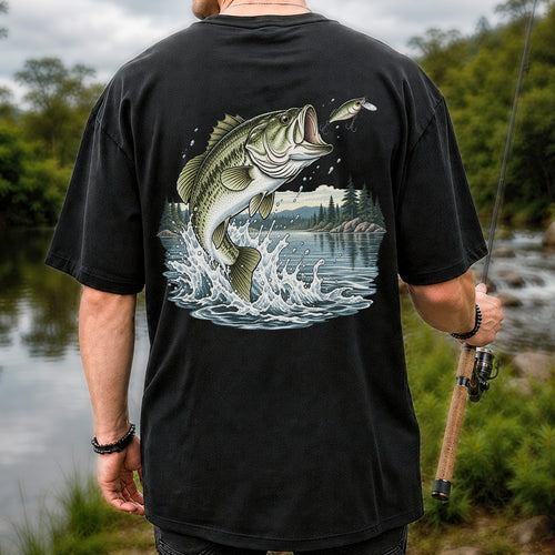 Jumping Largemouth Bass Chasing a Lure Lake Fishing Graphic T-Shirt | Back Print