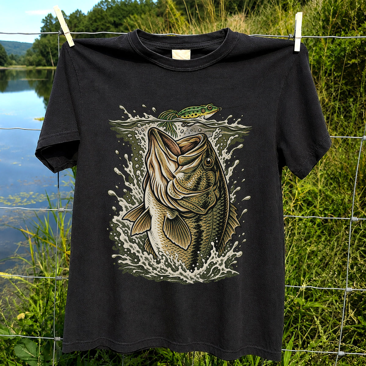 Largemouth Bass Striking a Frog Lure Fishing Graphic T-Shirt