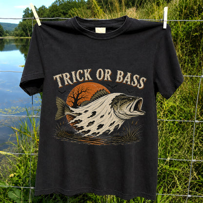 Trick or Bass Boo Halloween Fishing T-Shirt, Vintage Trout Angler Tee