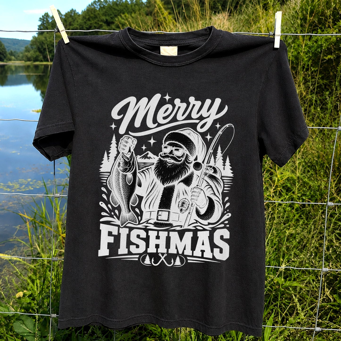 Merry Fishmas Santa Fishing Christmas Graphic T-Shirt