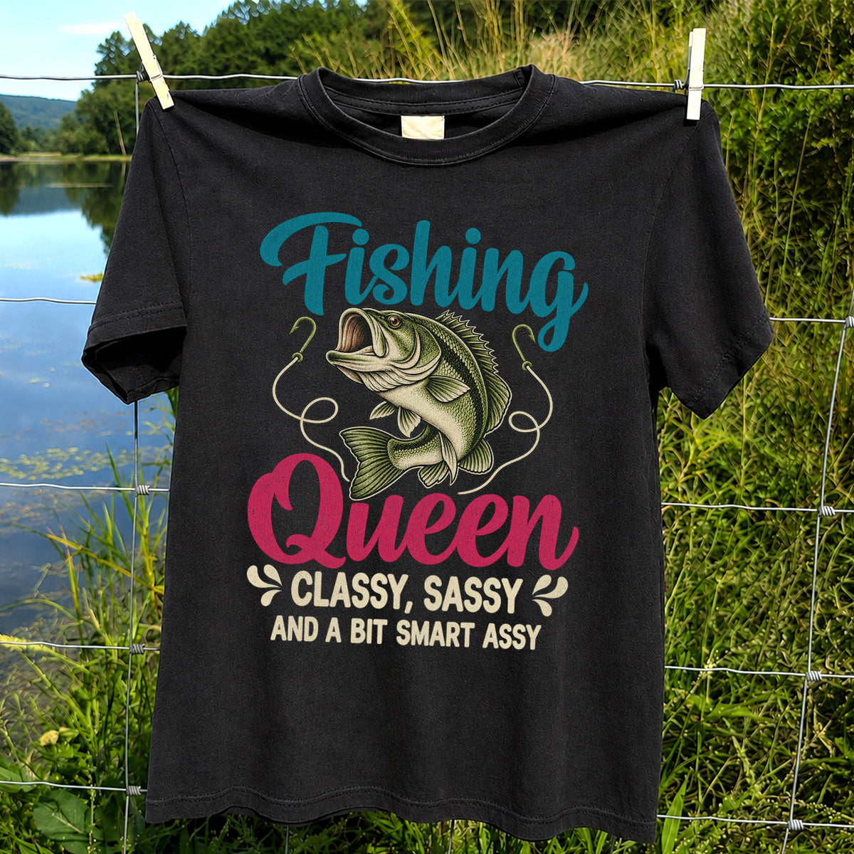 Fishing Queen Bass Funny Fishing Graphic T-Shirt