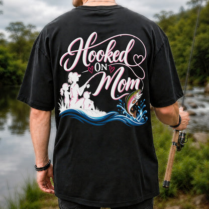 Hooked on Mom Rainbow Trout Family Fishing T-Shirt | Back Print
