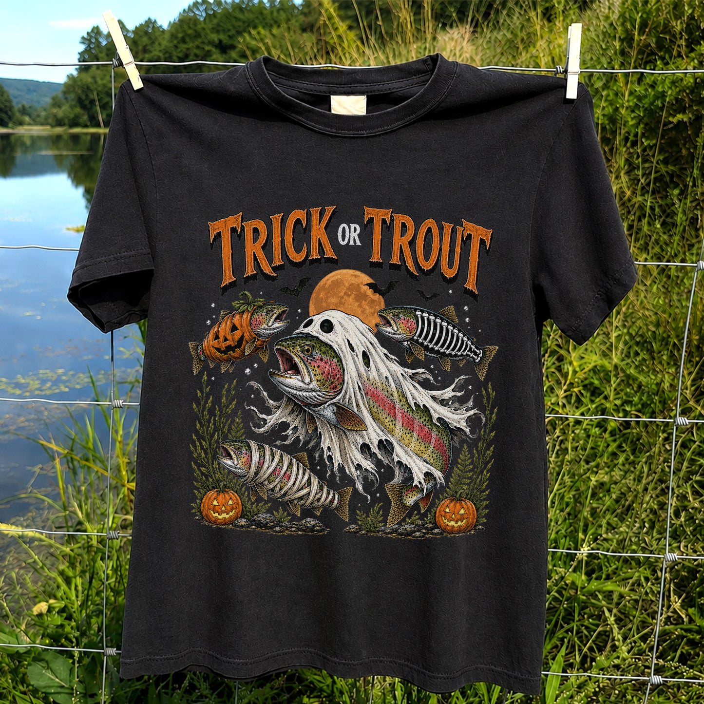Trick or Trout Halloween T-Shirt Funny Trout Fishing Halloween Tee