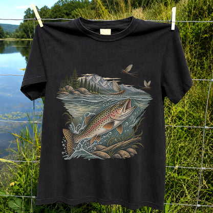 Mountain River Rainbow Trout Fly Fishing Graphic T-Shirt