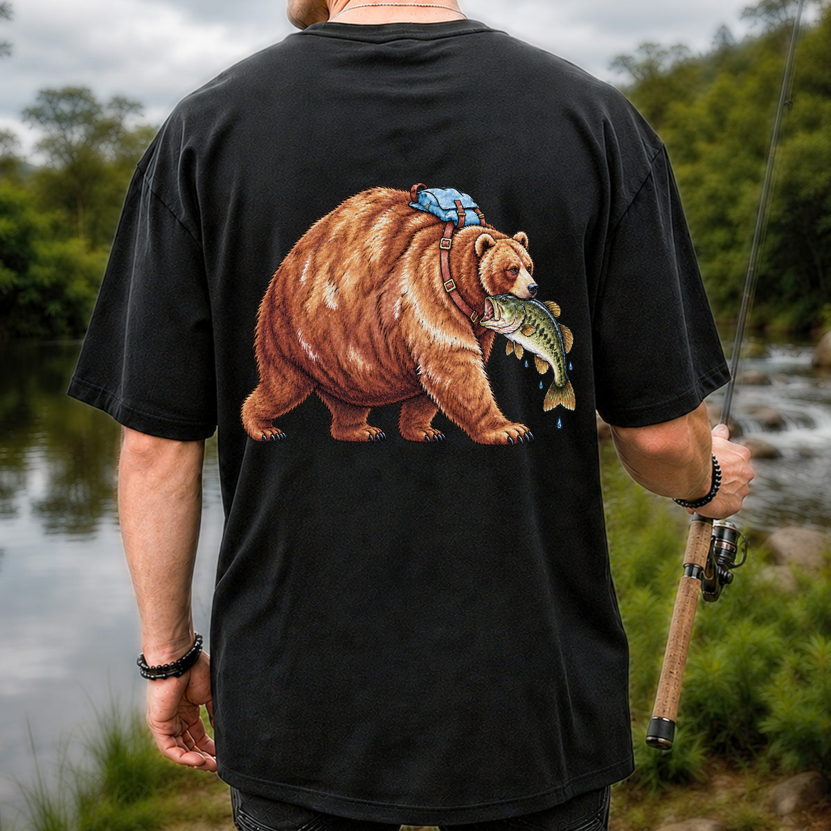 Bear Carrying Bass Fishing Wildlife Graphic T-Shirt | Back Print