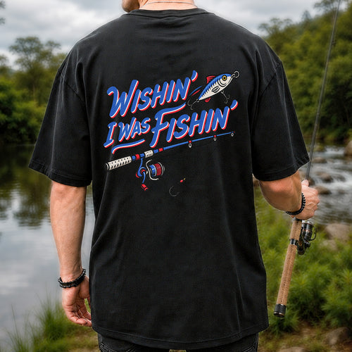 Wishin' I Was Fishin' Fishing Rod and Lure Graphic T-Shirt | Back Print