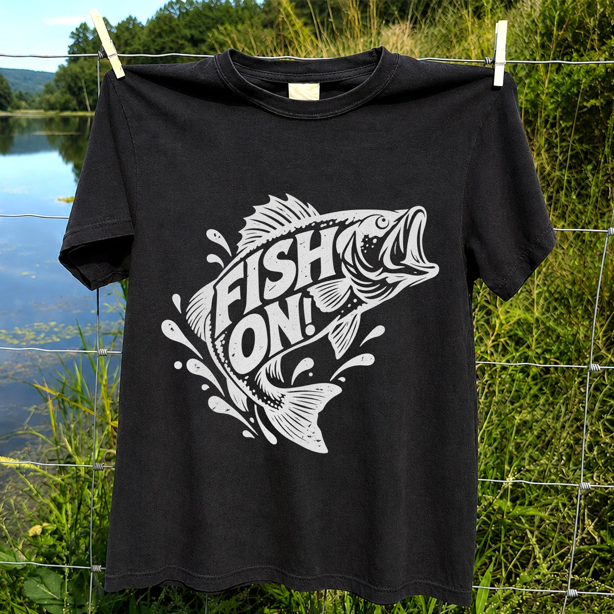 Fish On! Jumping Bass Fishing Distressed Graphic T-Shirt