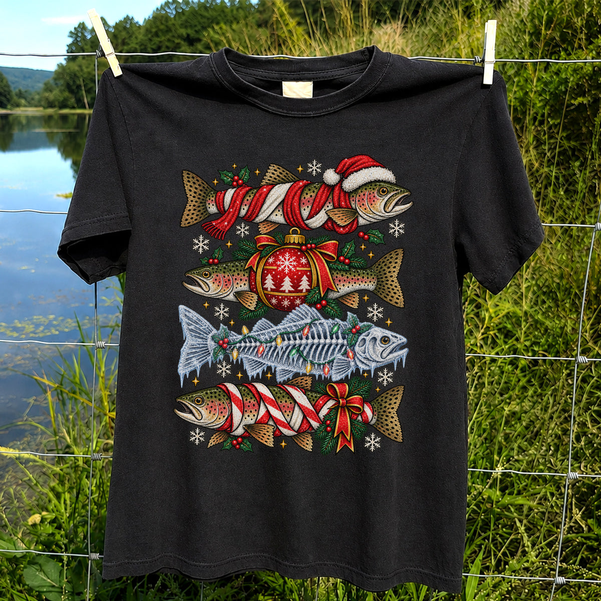 Christmas Rainbow Trout and Fish Skeleton Fishing Graphic T-Shirt