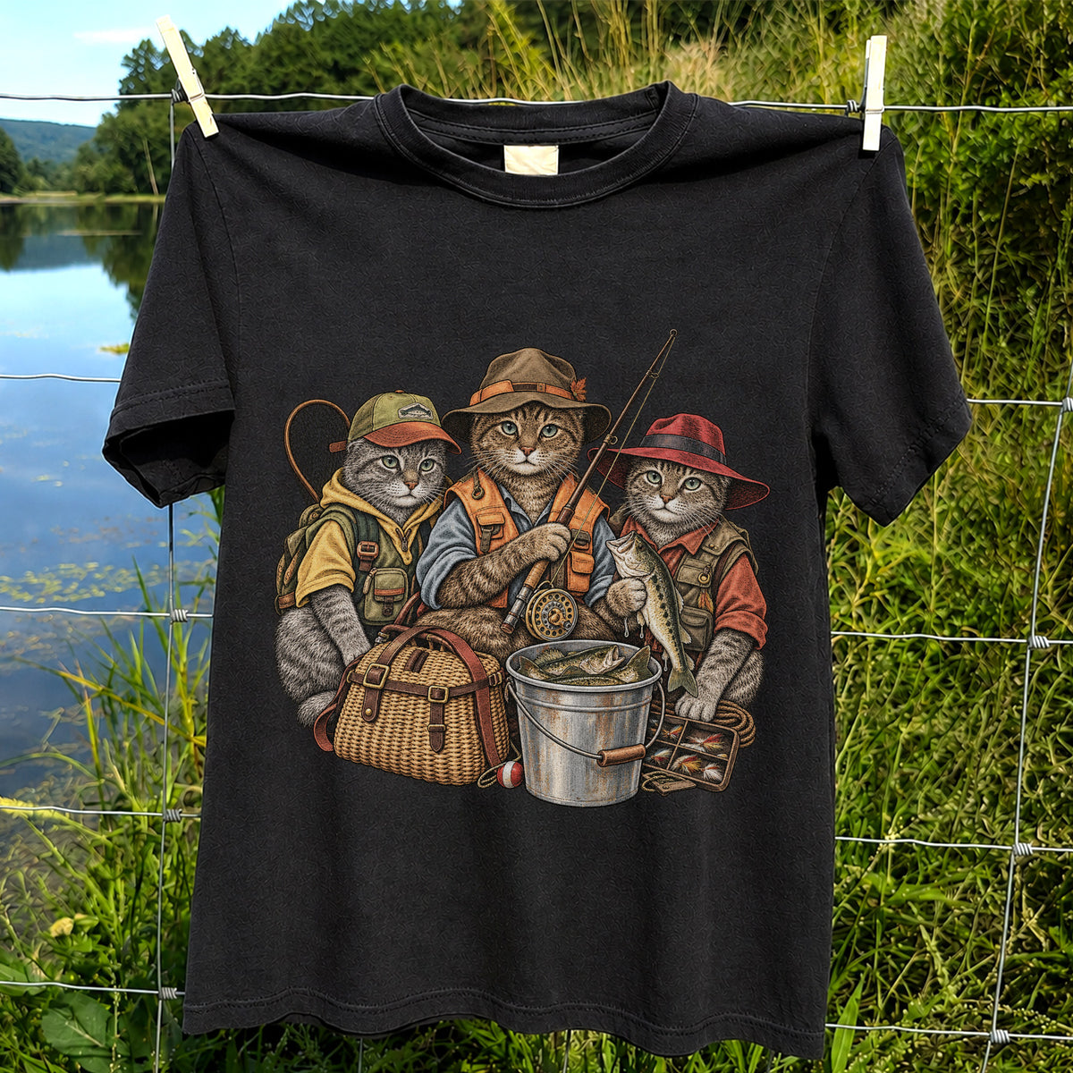 Three Fishing Cats with Rod and Catch Vintage Graphic T-Shirt