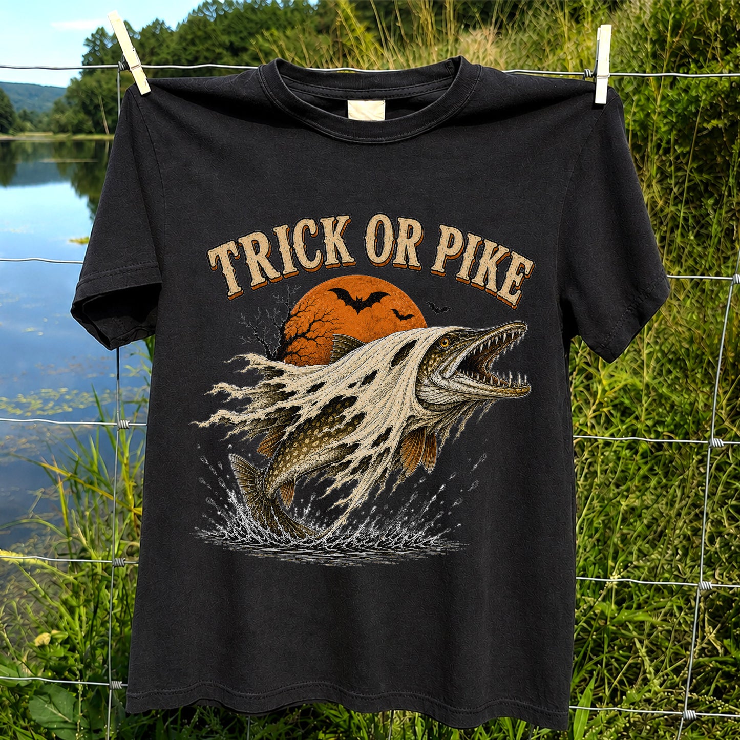 Trick or Pike Halloween Fishing T-Shirt, Vintage Trout Angler Tee