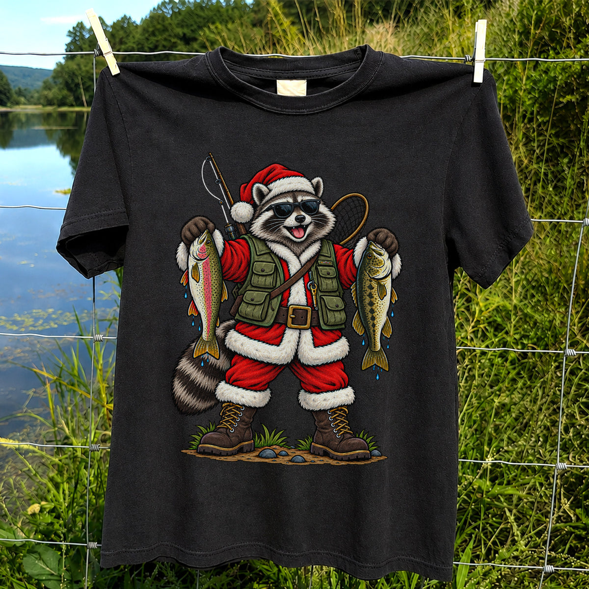Santa Raccoon Holding Trout and Bass Christmas Fishing T-Shirt