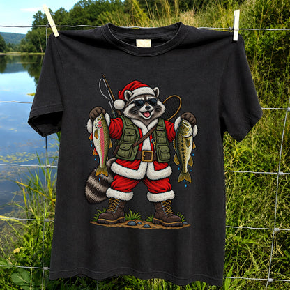 Santa Raccoon Holding Trout and Bass Christmas Fishing T-Shirt