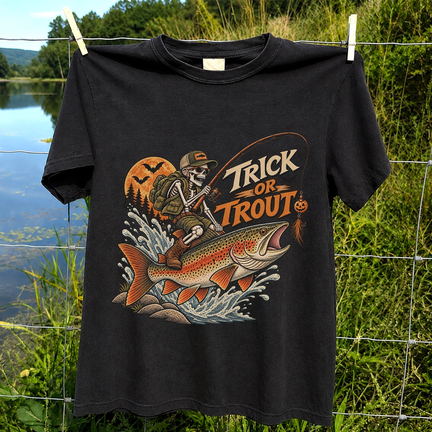 Trick or Trout Halloween Skeleton Angler Fishing T-Shirt