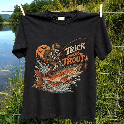 Trick or Trout Halloween Skeleton Angler Fishing T-Shirt