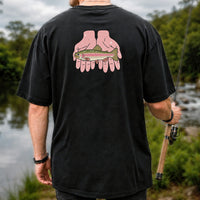 Rainbow Trout Held in Pink Hands Fishing Graphic T-Shirt | Back Print
