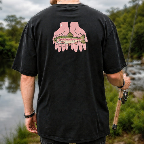 Rainbow Trout Held in Pink Hands Fishing Graphic T-Shirt | Back Print