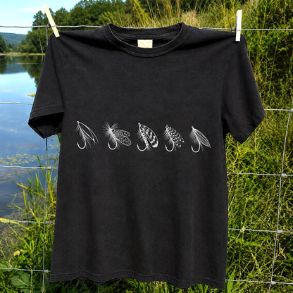 Five Fly Fishing Lures Minimalist Line Art T-Shirt