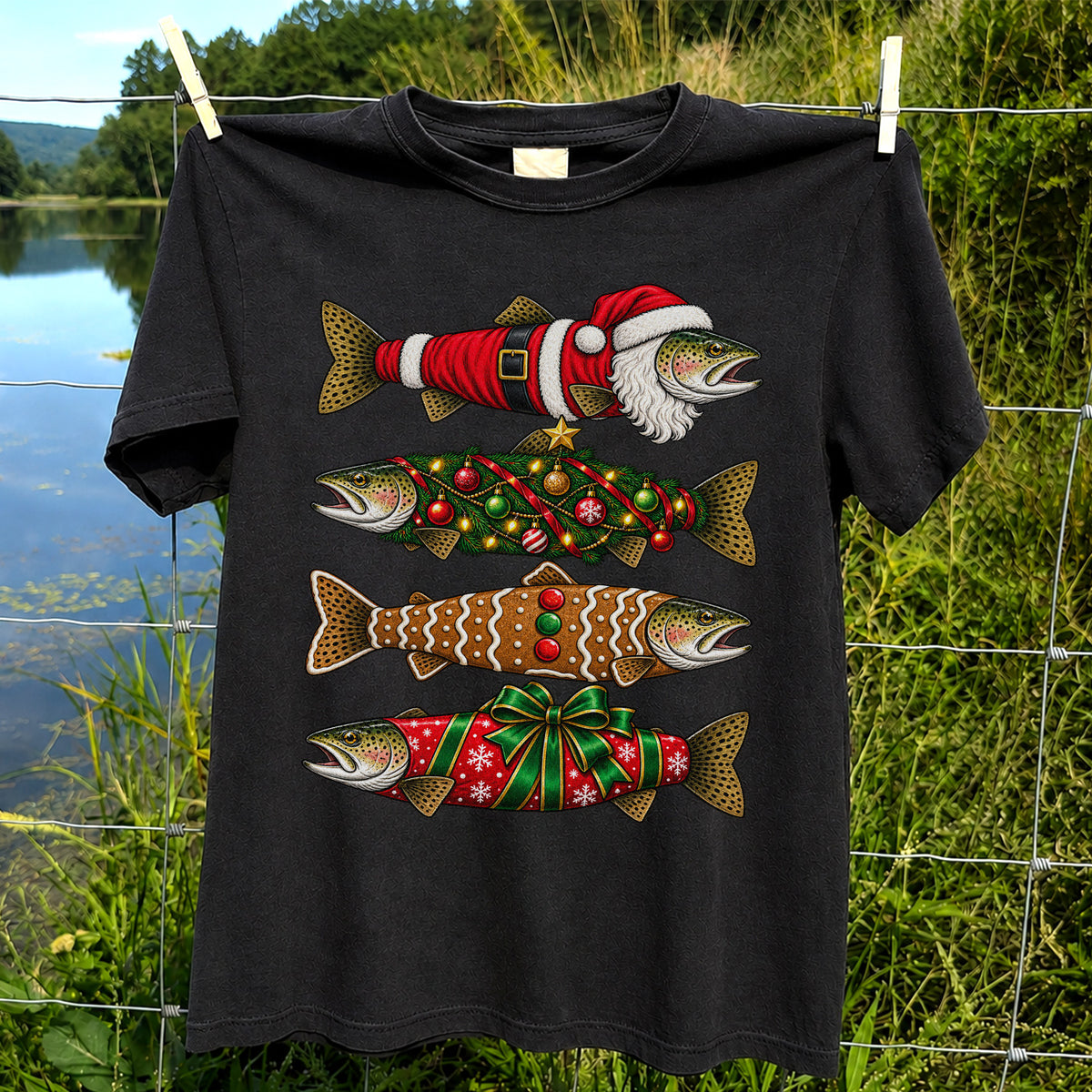 Festive Christmas Trout Santa and Gingerbread Fishing T-Shirt