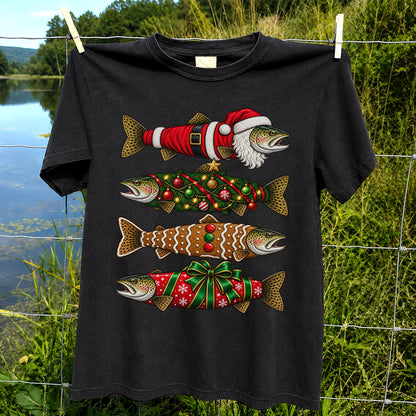 Festive Christmas Trout Santa and Gingerbread Fishing T-Shirt