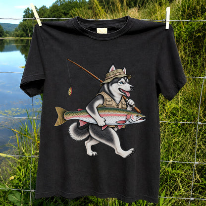 Husky Holding Rainbow Trout Fishing Graphic T-Shirt