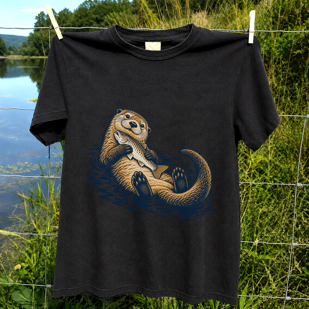 Cute Otter Holding Fish Hand Drawn Fishing Graphic T-Shirt