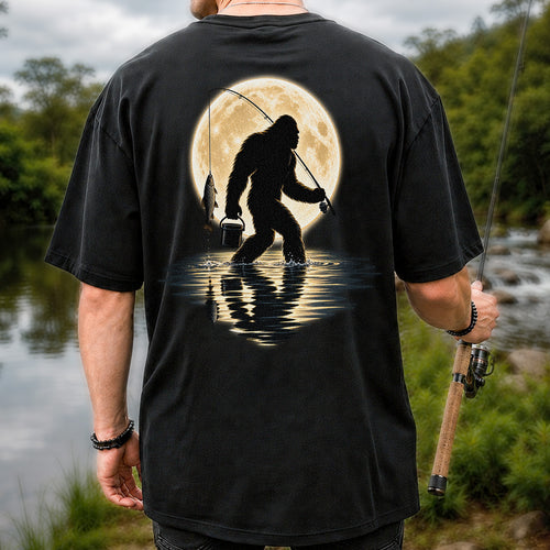 Bigfoot Fishing Under a Full Moon Graphic T-Shirt | Back Print