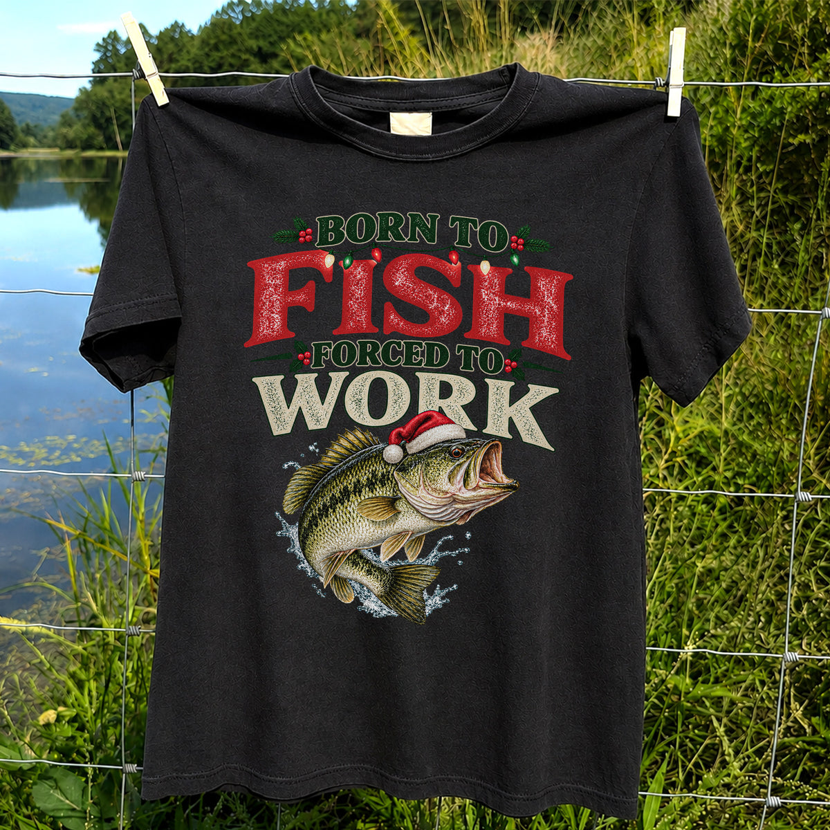Born to Fish Forced to Work Christmas Largemouth Bass Graphic T-Shirt