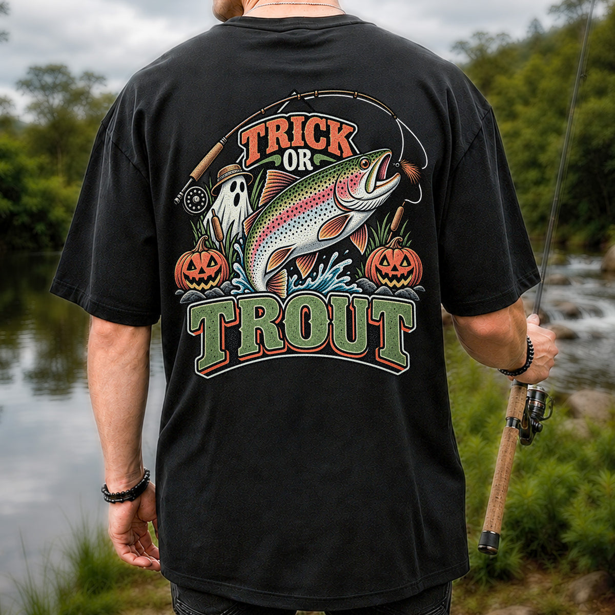 Trick or Trout Rainbow Trout Ghost and Pumpkins Halloween Fishing T-Shirt | Back Print
