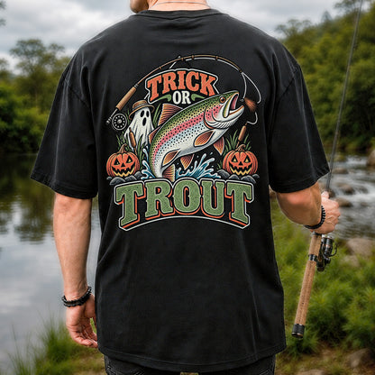 Trick or Trout Rainbow Trout Ghost and Pumpkins Halloween Fishing T-Shirt | Back Print