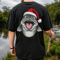 Funny Santa Hat Trout Christmas Fishing Graphic T-Shirt | Back Print