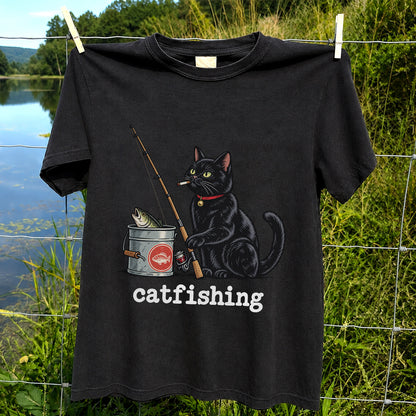 Catfishing Funny Black Cat with Fishing Rod Graphic T-Shirt