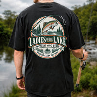 Ladies of the Lake Women Who Fish Rainbow Trout Fishing T-Shirt | Back Print