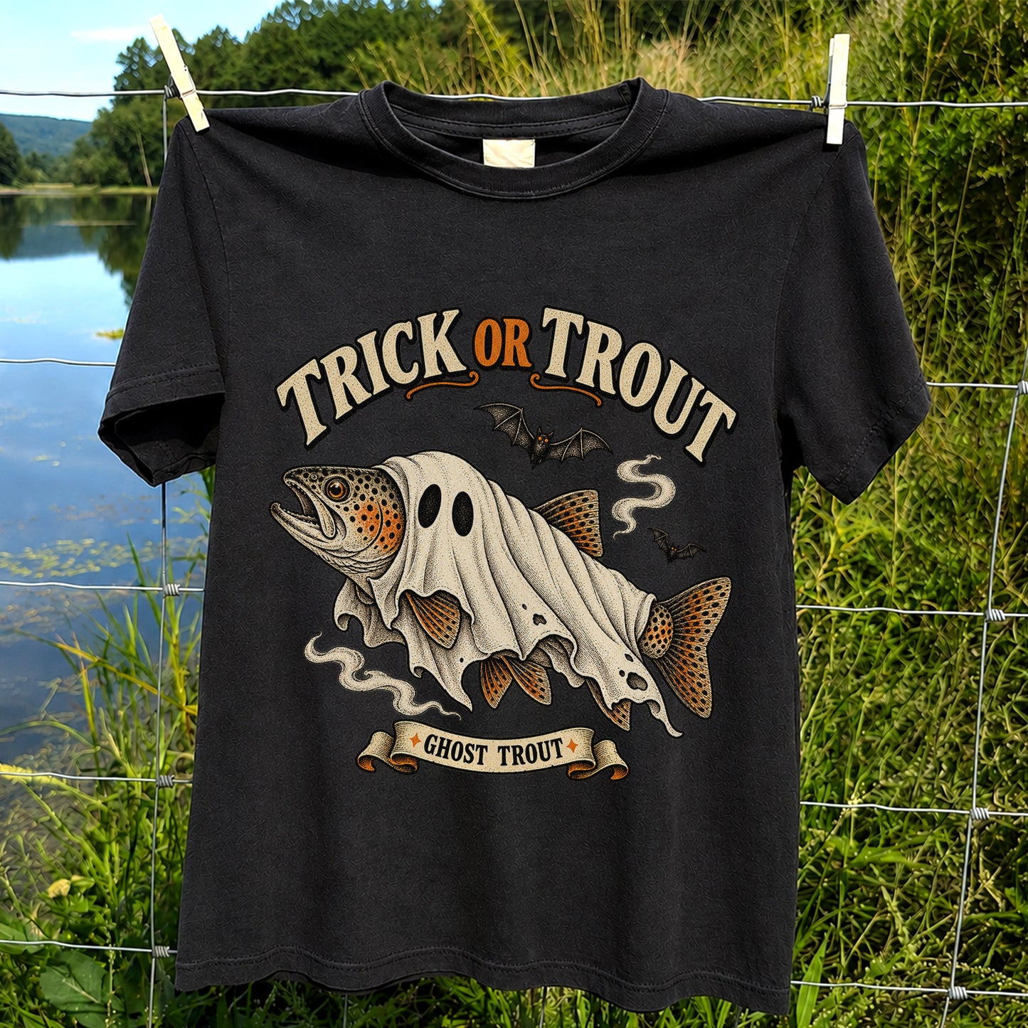 Trick or Trout Ghost Trout Halloween Fishing T-Shirt