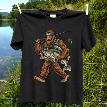 Bigfoot Holding a Largemouth Bass Fishing Graphic T-Shirt