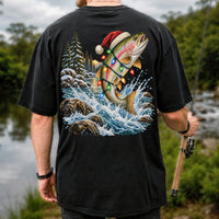 Santa Hat Rainbow Trout Christmas Fishing Graphic T-Shirt | Back Print