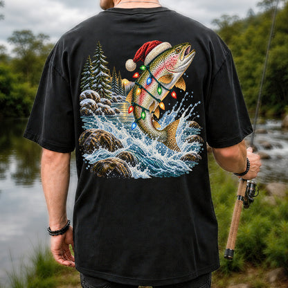 Santa Hat Rainbow Trout Christmas Fishing Graphic T-Shirt | Back Print