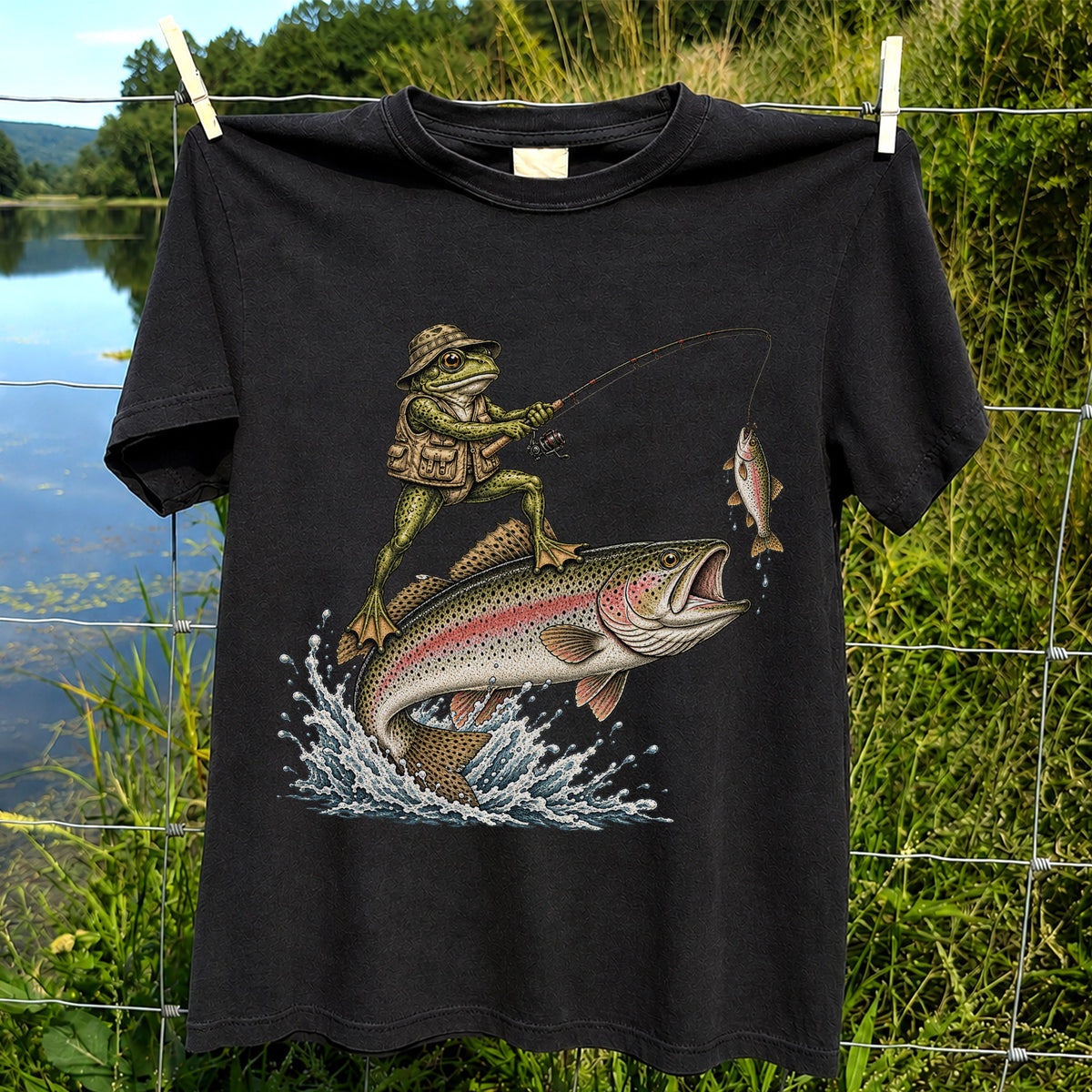 Frog Angler Riding a Rainbow Trout Fishing Graphic T-Shirt
