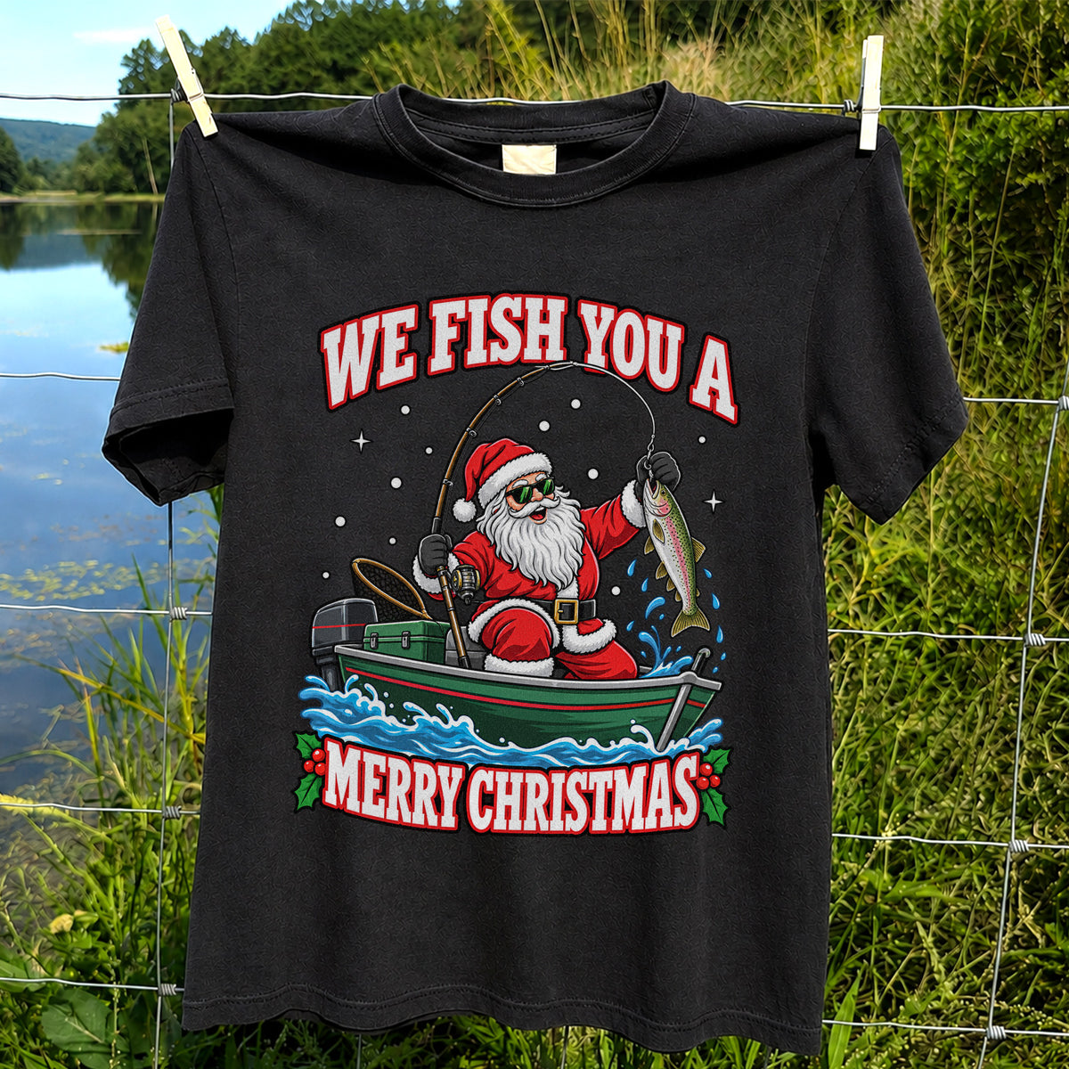 We Fish You a Merry Christmas Santa and Rainbow Trout Fishing T-Shirt